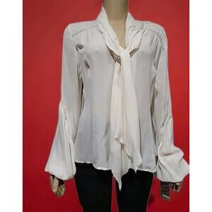 GO SILK Women's Size L Ivory Elegant Blouse With Necktie Baloon Sleeve NWT #C